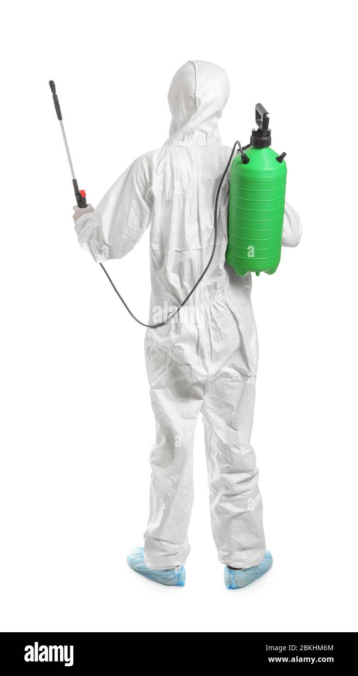 Worker in biohazard suit and with disinfectant on white background Stock Photo