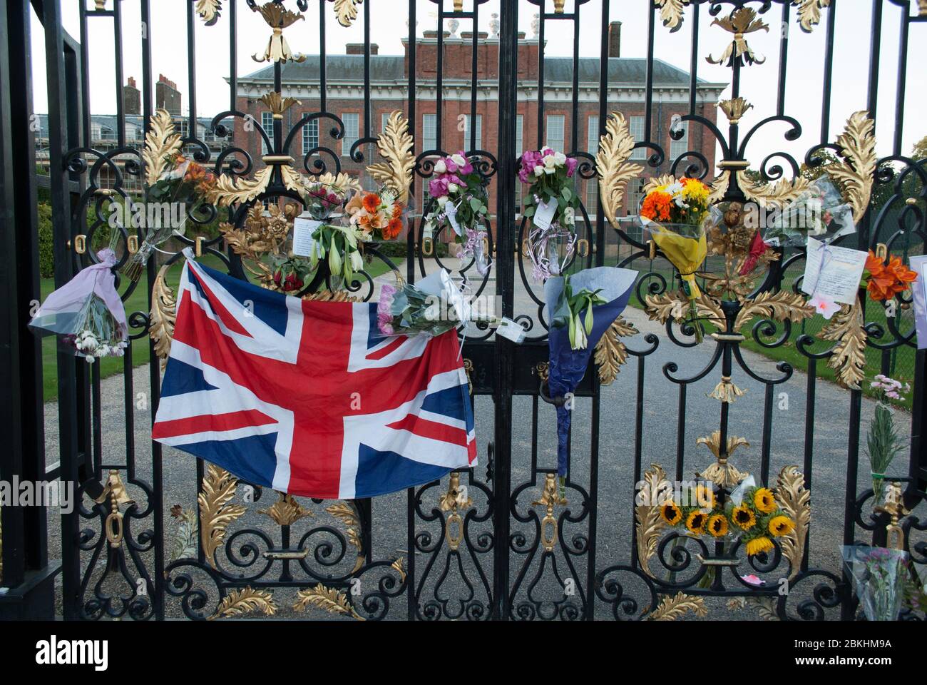 Anniversary of Death Diana Flowers at Gates of Royal Palaces Kensington Palace Kensington Gardens, Kensington, London by Sir Christopher Wren Stock Photo