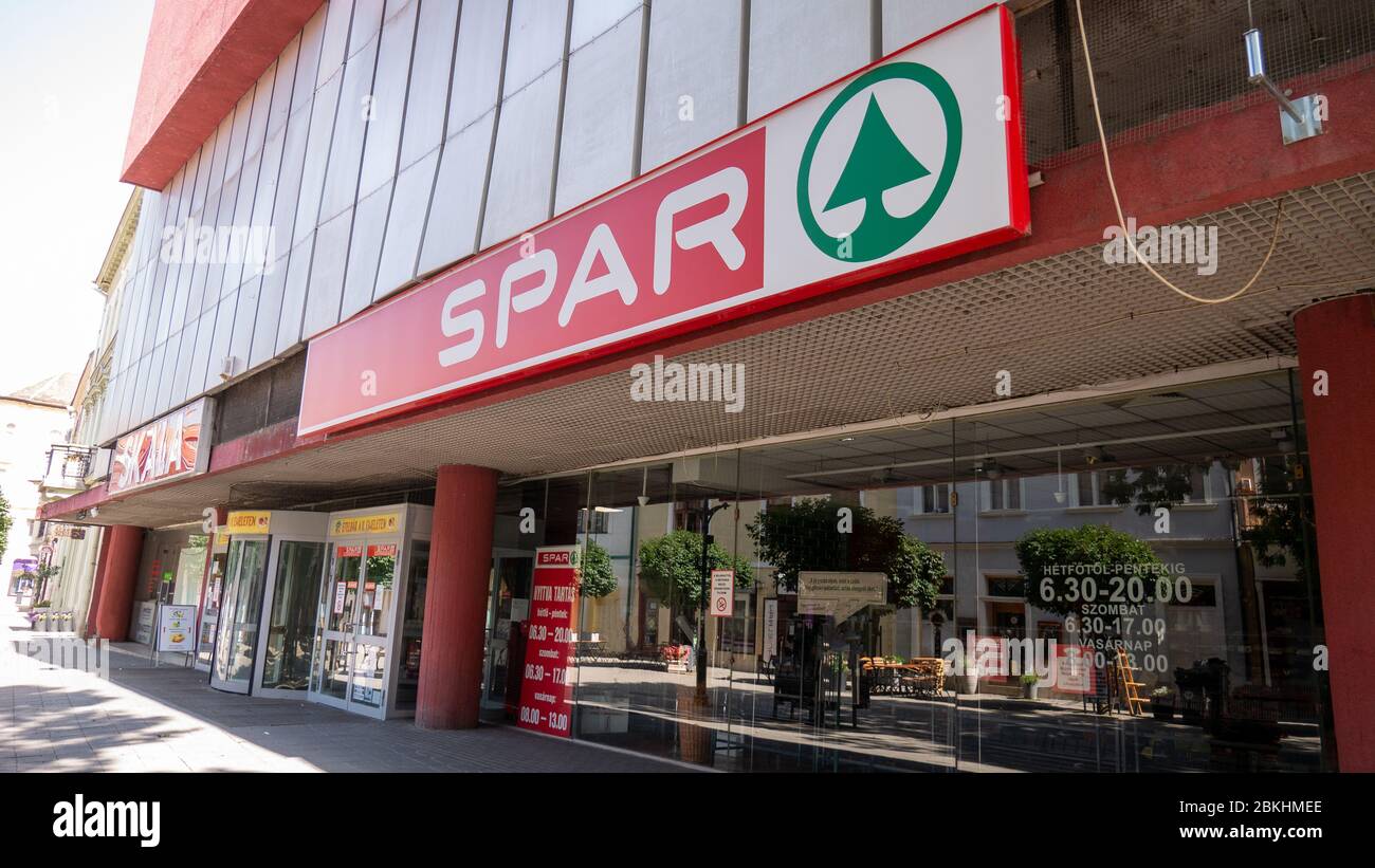 Gyor Hungary 02 16 2020: Entrance of a spar shop in Gyor. Stock Photo