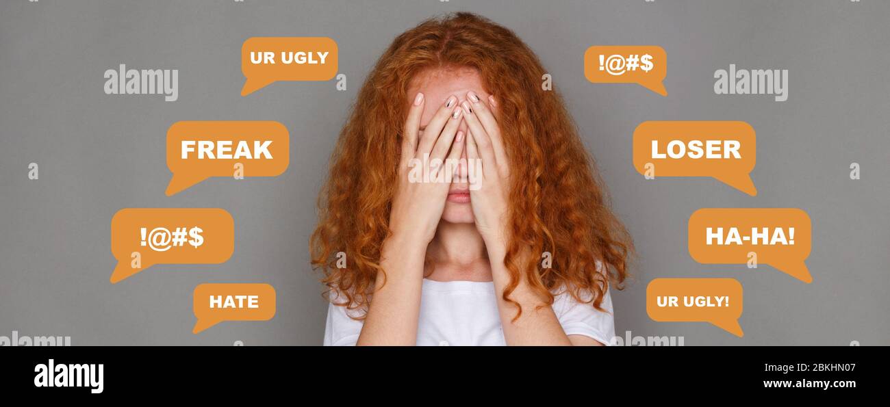 Cyberharassment. Red-haired woman closing her face and abusive chat messages on grey background, collage. Panorama Stock Photo