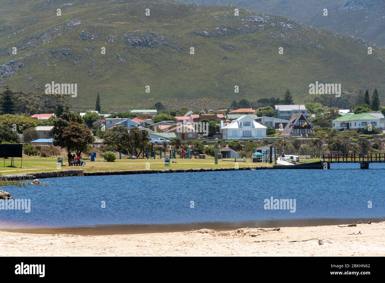 Kleinmond, Western Cape, South Africa. 2019, Saltwater lagoon overlookd by holiday homes and private properties at Kleinmond a small town in the Weste Stock Photo