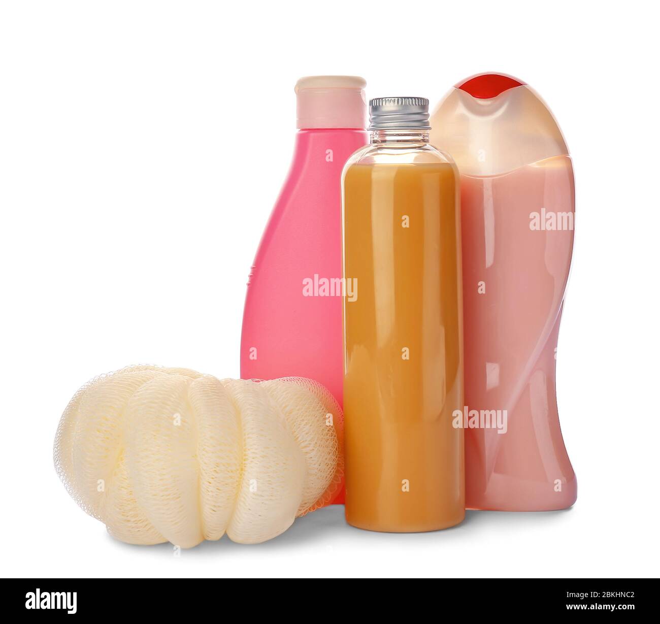 Shower gels and loofah on white background Stock Photo Alamy