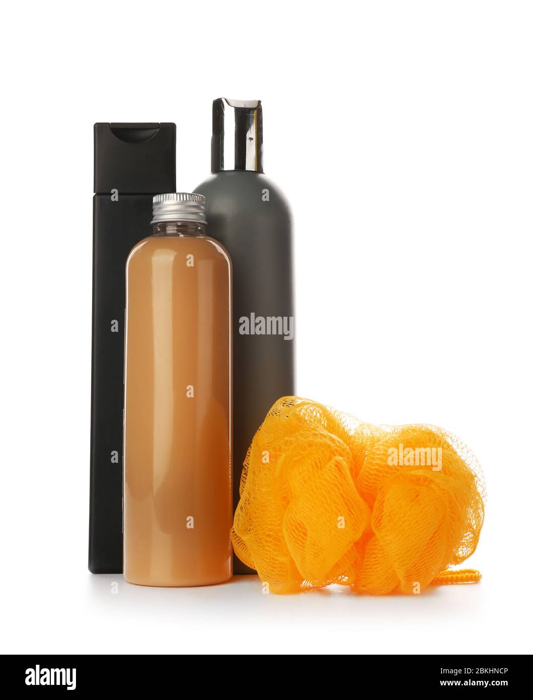 Shower gels and loofah on white background Stock Photo Alamy