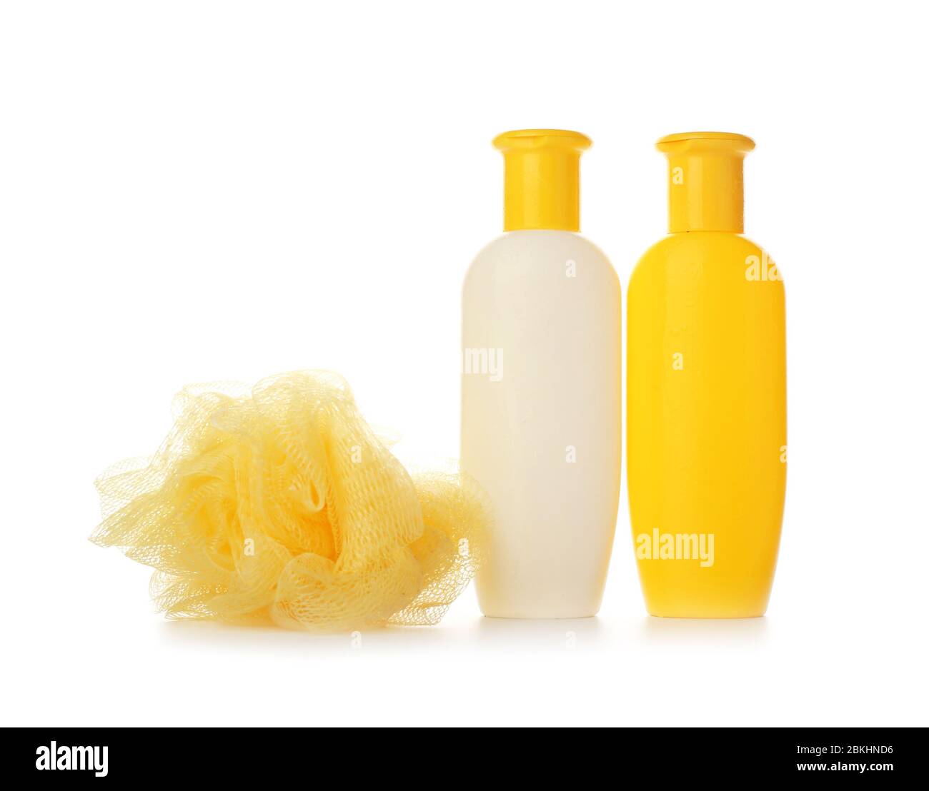 Shower gels and loofah on white background Stock Photo Alamy