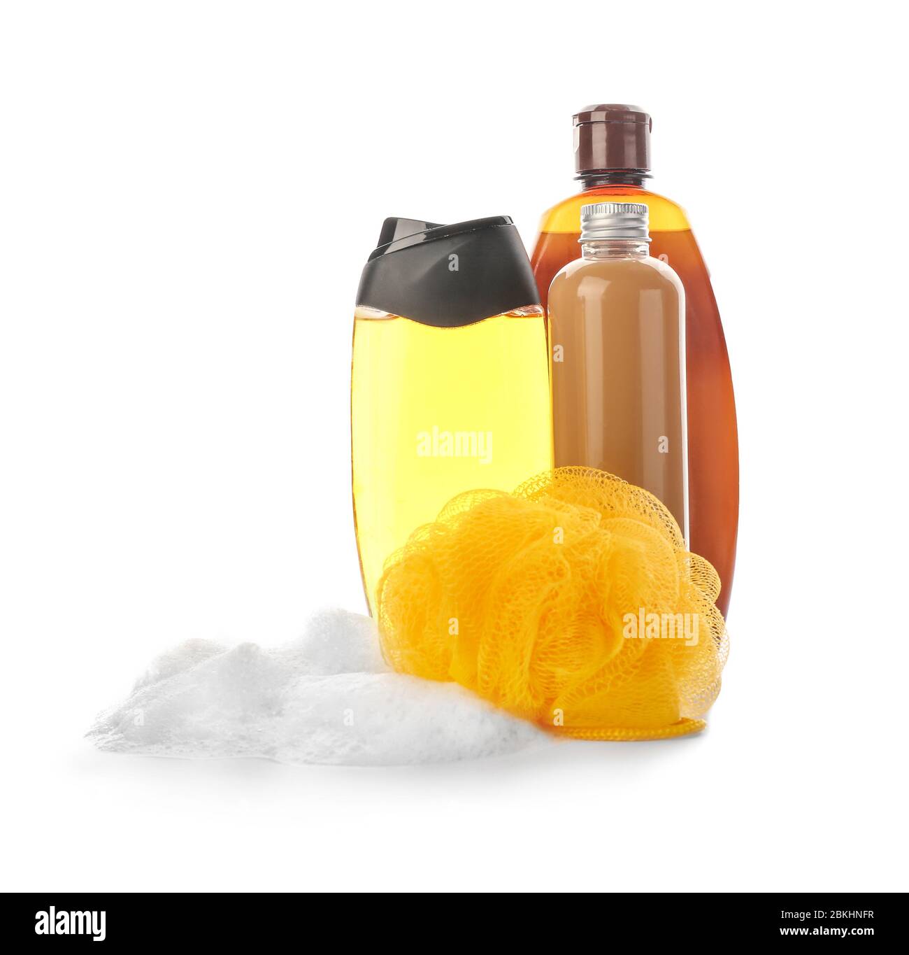 Shower gels and loofah on white background Stock Photo Alamy