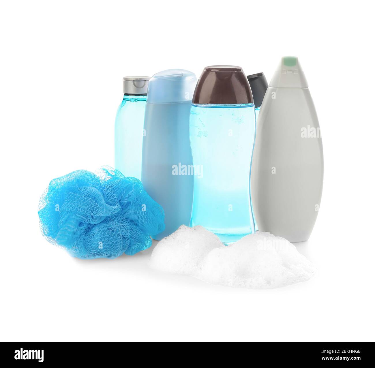 Shower gels and loofah on white background Stock Photo Alamy
