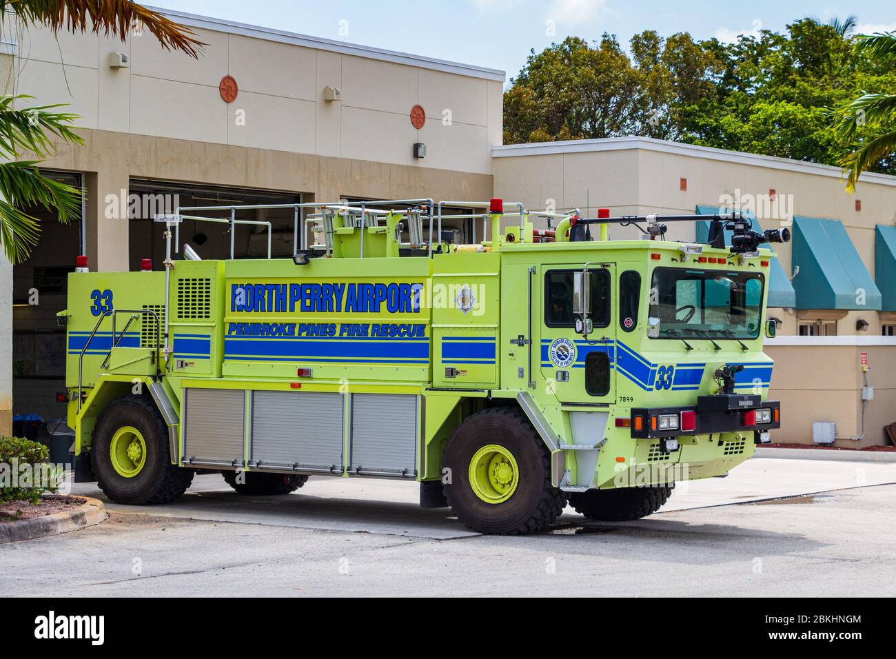 North Perry Airport Pembroke Pines Fire Rescue truck parked outside Station 33 - Pembroke Pines, Florida, USA Stock Photo