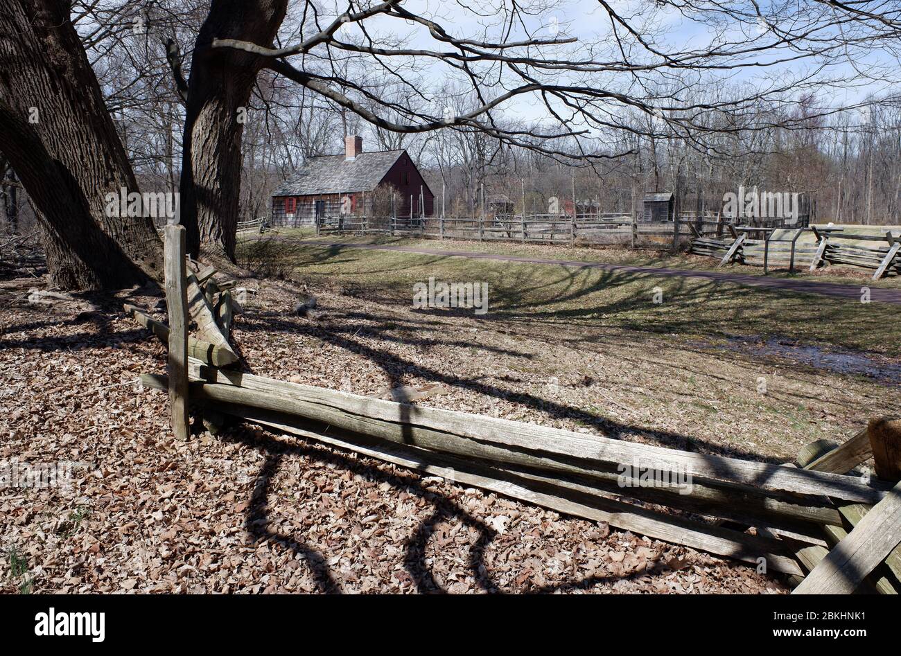 Wooden fences with Wick House and farm in the background in Jockey