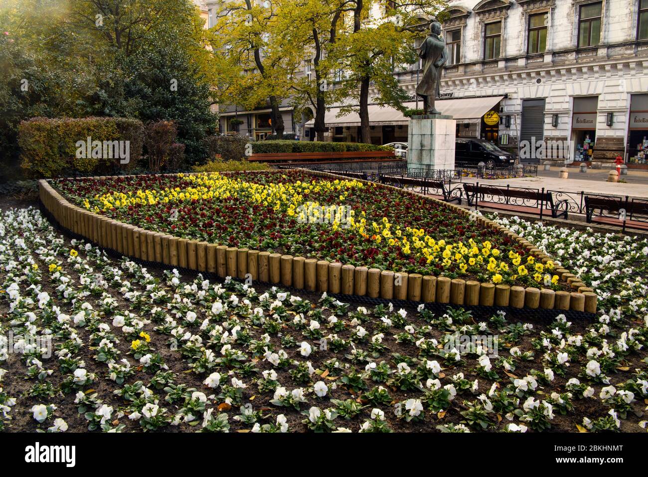 Downtown Budapest (Pest)- flower display on Liszt Ferenc Ter, Budapest, Central Hungary, Hungary Stock Photo