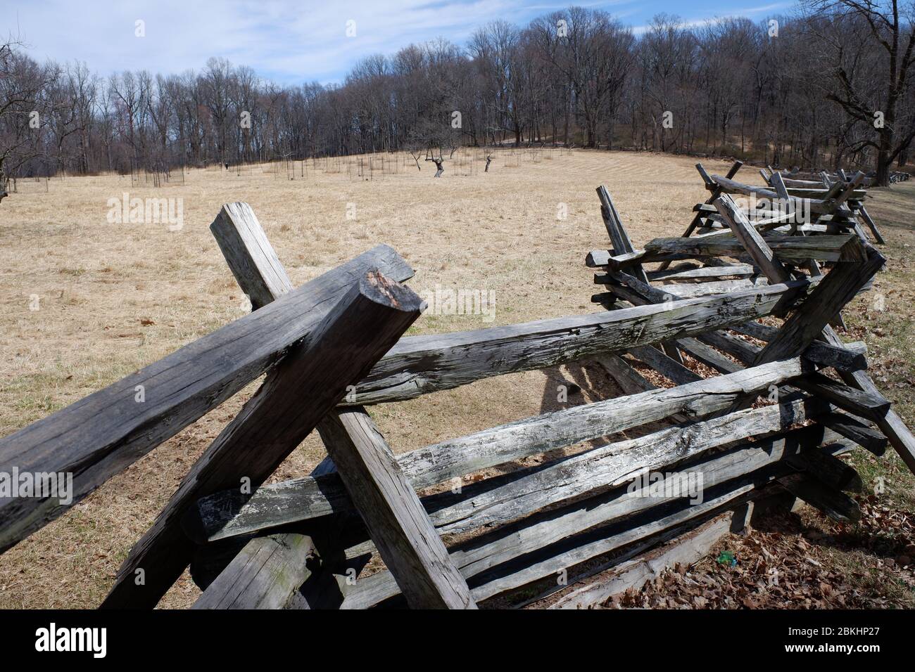 Wooden fences and camp field in Jockey Hollow.Morristown National Historical Park.Harding.Morris County.New Jersey.USA Stock Photo