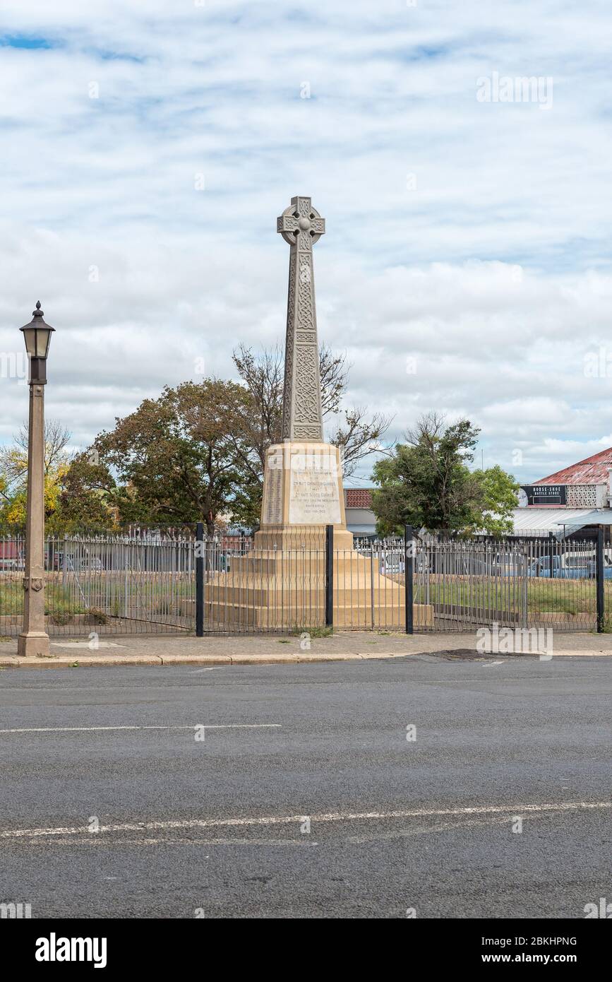 HARRISMITH, SOUTH AFRICA - MARCH 16, 2020:  A street scene, with a monument commemorating British soldiers who died in the Boer War, in Harrismith Stock Photo