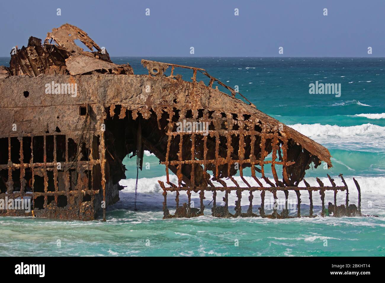 Wreck / shipwreck of M/S Cabo Santa Maria, Spanish cargo ship wich stranded on the beach in Praia de Atalanta on the island Boa Vista, Cape Verde Stock Photo