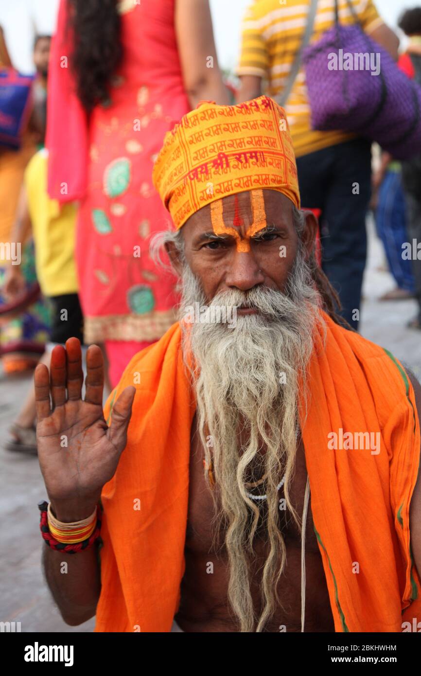 Indian Baba Swami Sadhu Holyman Saddhu in front of temple Haridwar ...