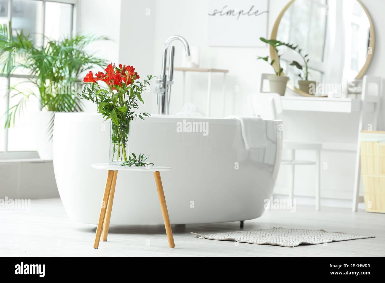 Stylish Vase With Floral Decor In Interior Of Bathroom Stock Photo Alamy