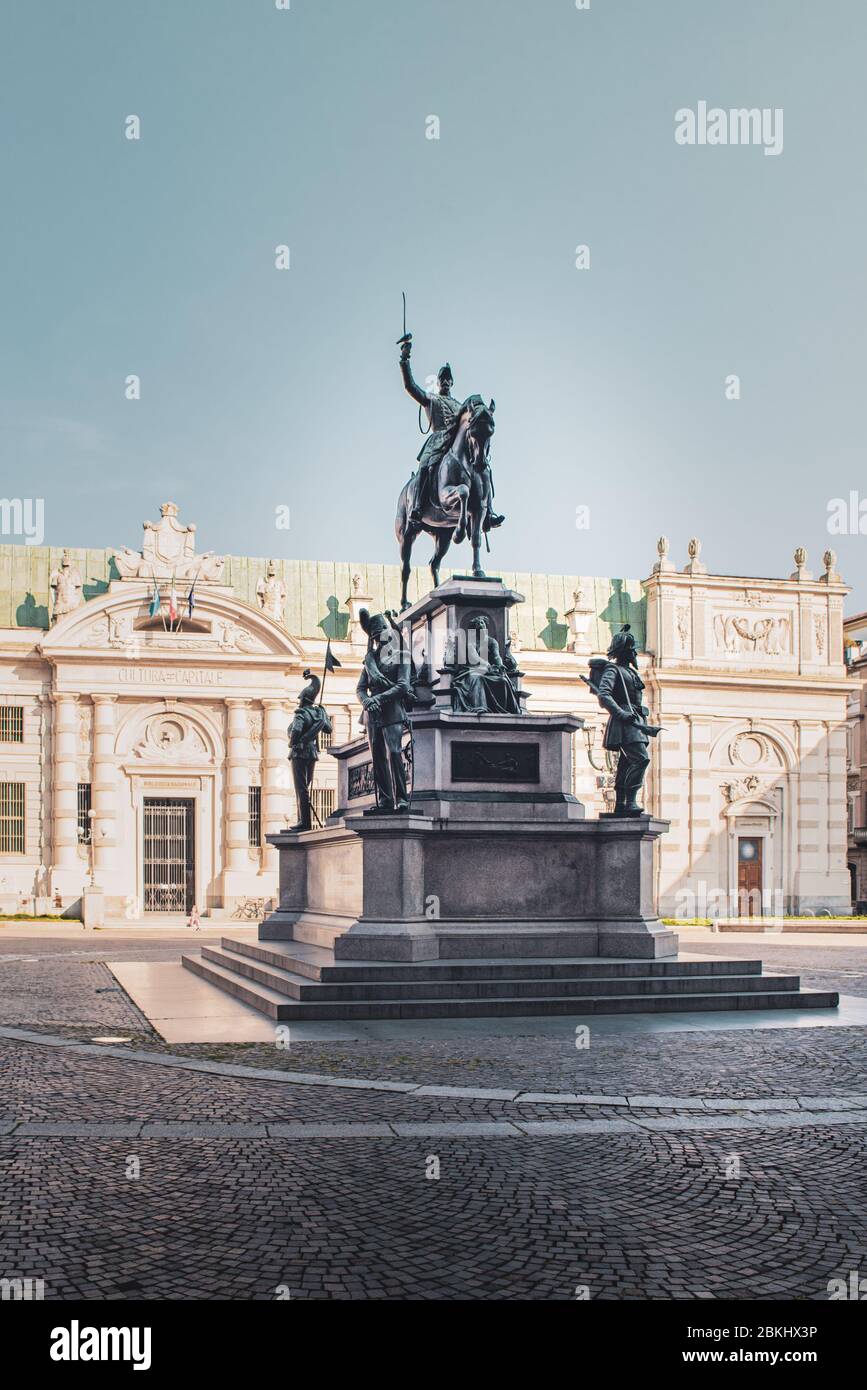 Torino, Italy. 24th Apr, 2020. Turin, Italy, April 2020: Piazza Carlo Alberto (Carlo Alberto square) and the National Library in the background during the Covid-19 pandemic lockdown period (Photo by Alessandro Bosio/Pacific Press) Credit: Pacific Press Agency/Alamy Live News Stock Photo