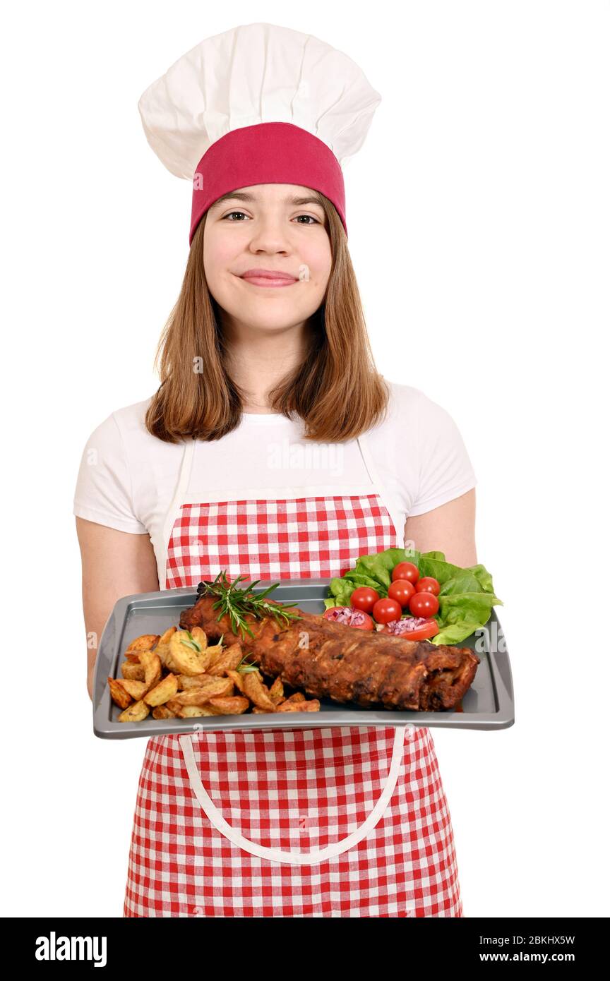 happy girl cook with pork spare ribs Stock Photo