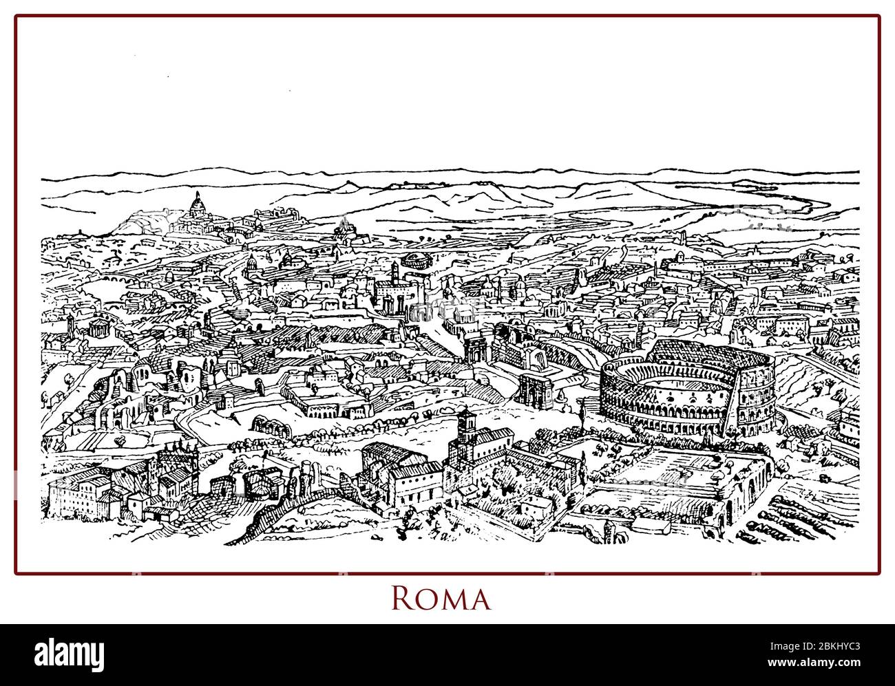 Vintage illustrated table with a panoramic view of the city of Rome capital of Italy situated on the Tiber river banks, rich of history, architecture,  art and ancient monuments like the Colosseum Stock Photo