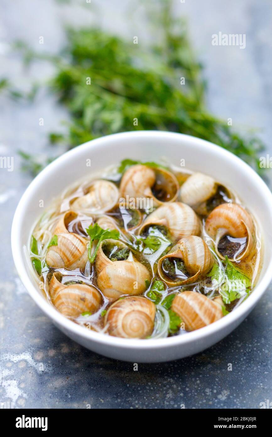 Garlic and parsley snail broth Stock Photo