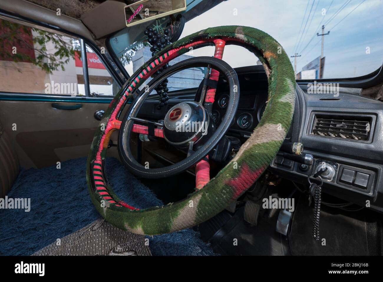 India, Gujarat State, Mandvi, Ambassador brand taxi, detail of steering