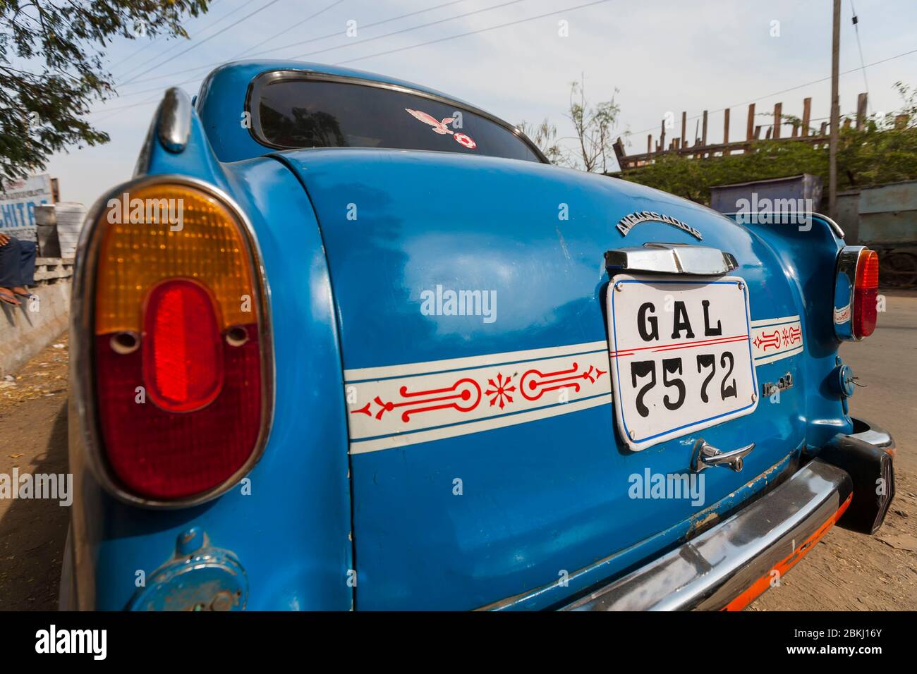 India, Gujarat State, Mandvi, Ambassador brand taxi, rear view, first automobile made in India, by Hindustan Motors, from 1958 to 2014 Stock Photo