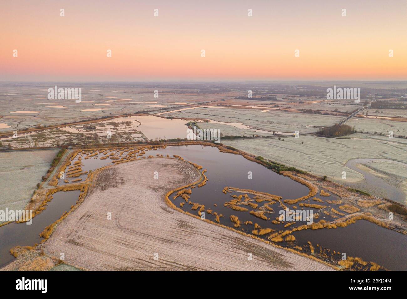 France, Somme (80), Baie de Somme, Saint-Valery-sur-Somme, the enclosures (polders) of the Baie de Somme covered with frost in the early morning (aerial view) Stock Photo