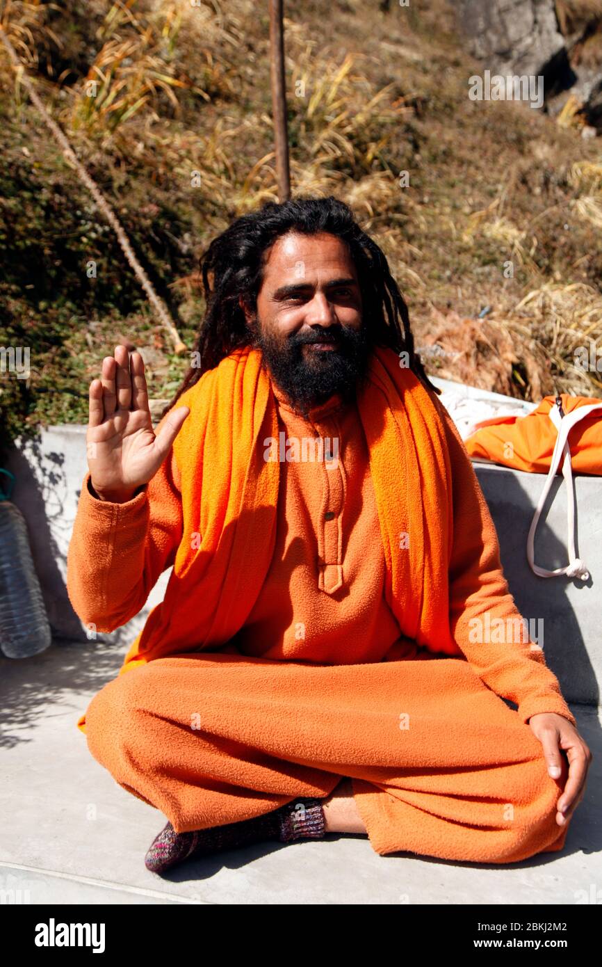 Indian Baba Swami Sadhu Holyman Saddhu in front of temple Haridwar ...