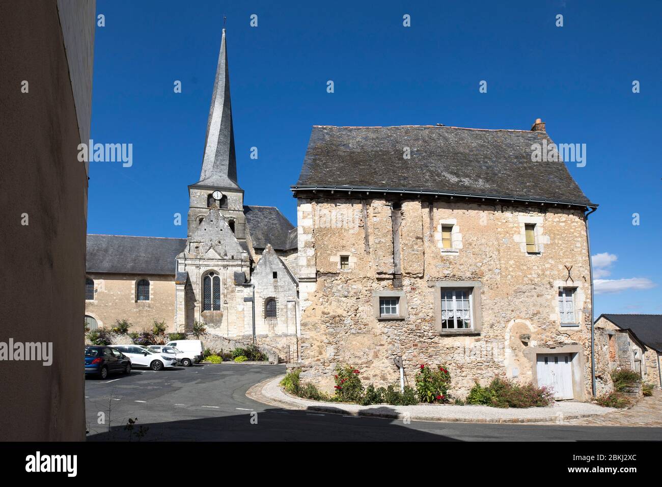 France, Maine et Loire, Loire valley listed as World Heritage by UNESCO,Vieil-Baugé, twisted bell tower, bell tower of the Saint-Symphorien church which is both twisted AND bent Stock Photo