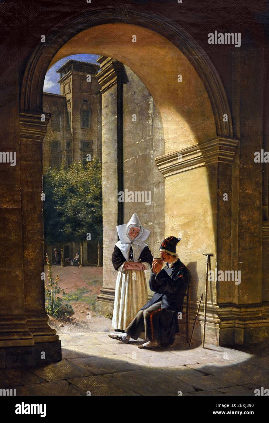 A soldier treated by a nun in a cloister (View of the cloister of the Saint Pierre palace 1822) Claudius Jacquand 1803-1878 France, French, Stock Photo