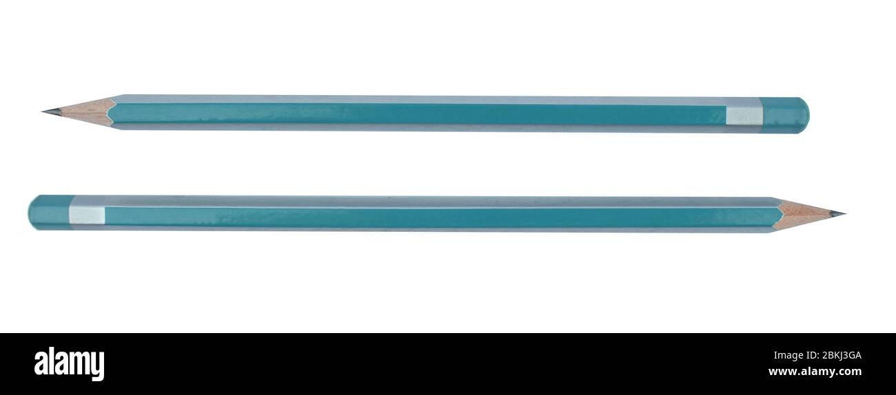 Two light blue colored wood pencil crayons placed parallel on a white