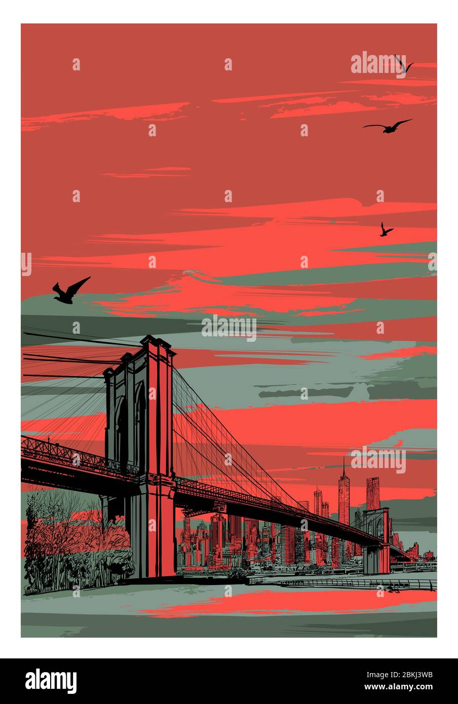 Historic Brooklyn Bridge and lower Manhattan - vector illustration (Ideal for printing on fabric or paper, poster or wallpaper, house decoration) Stock Vector
