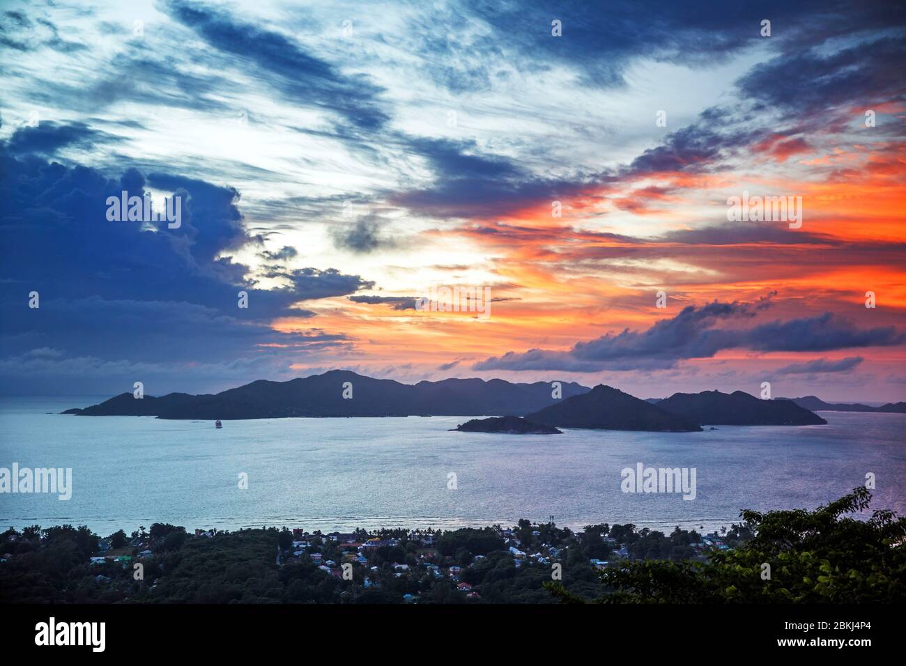 Seychelles, La Digue island, view on Praslin Island from the Nid d'Aigle at the sunset Stock Photo