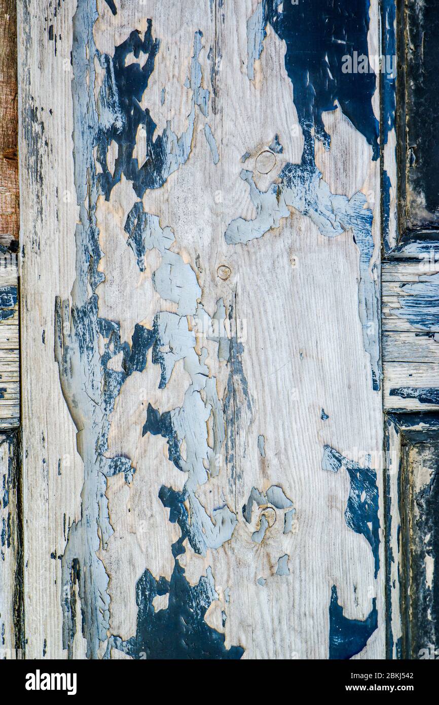 Peeling and battered paint on a old battered door Stock Photo