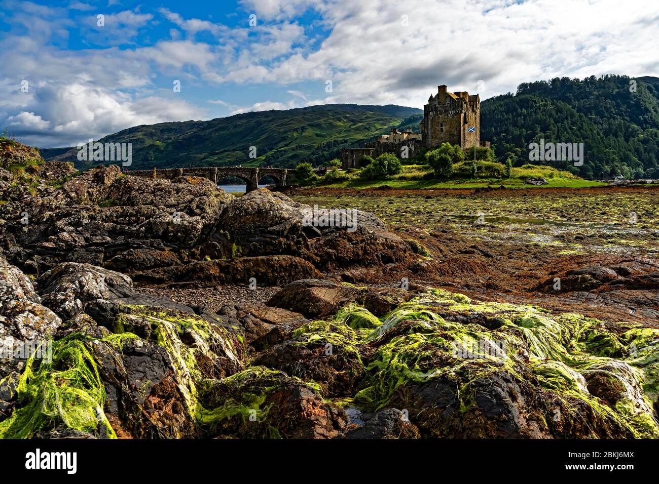 United Kingdom, Scotland, Highlands, Ross & Cromarty County, Dornie, Eilean Donan Castle at the entrance to Loch Duich Stock Photo