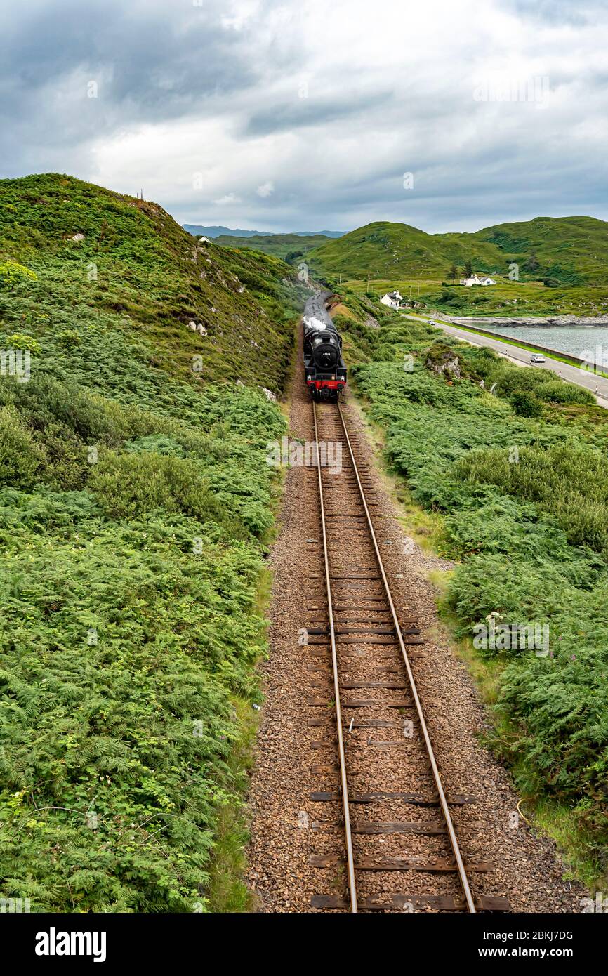 United Kingdom, Scotland, Highlands, Mallaig, The Jacobite Steam Train, better known as the Harry Potter train, on its way to Mallaig Stock Photo