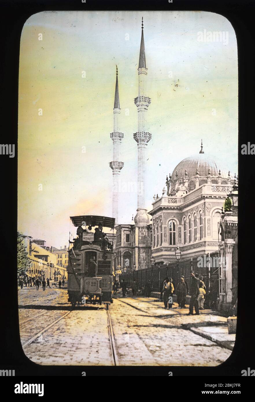 Istanbul Constantinople Tophane Nusretiye Mosque with tram passing; color slide from around 1910. Photograph on dry glass plate from the Herry W. Schaefer collection. Stock Photo