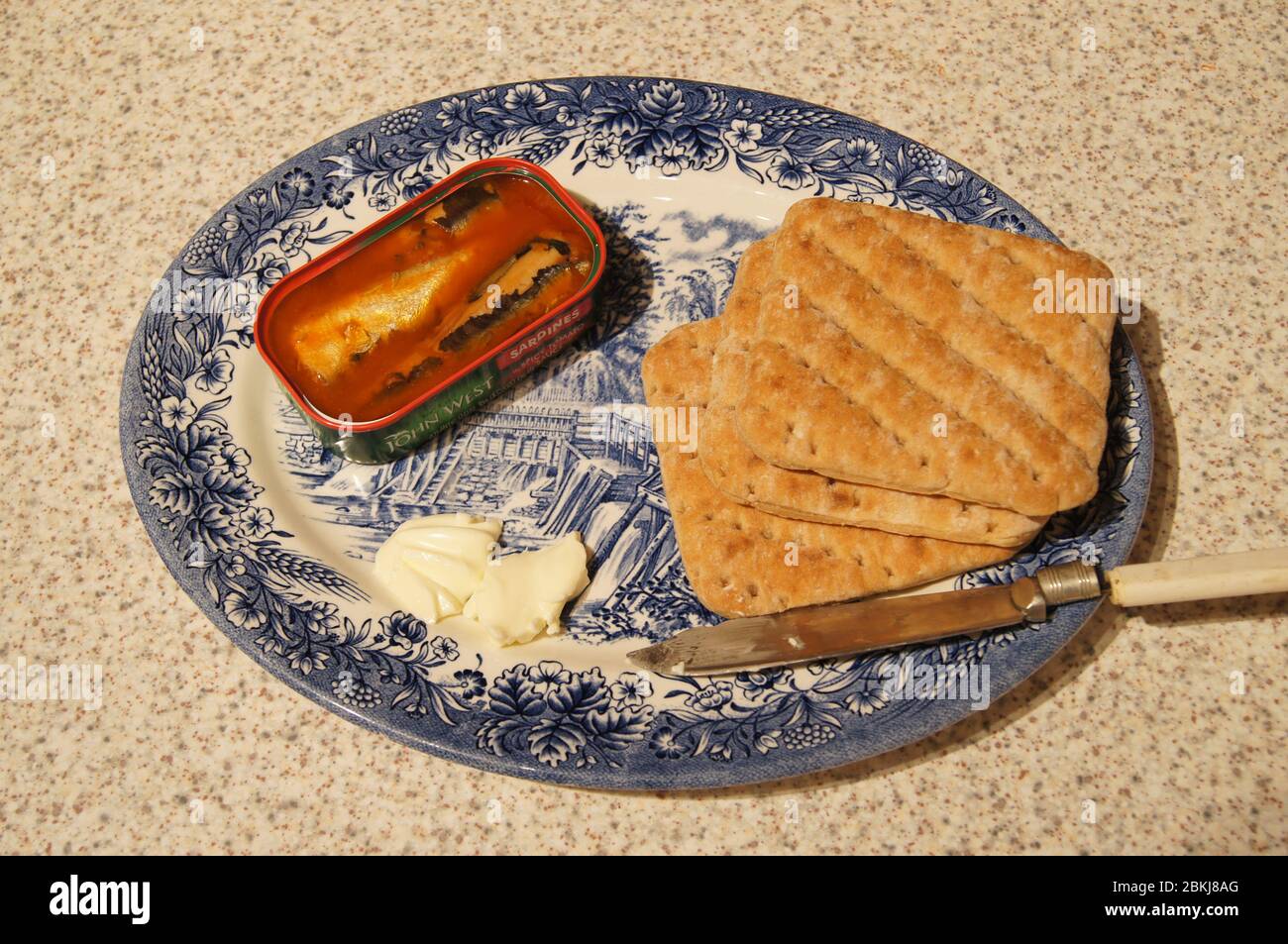 Tinned sardines on plate tomato sauce austere basic food grub eat sustenance protein energy ration Stock Photo