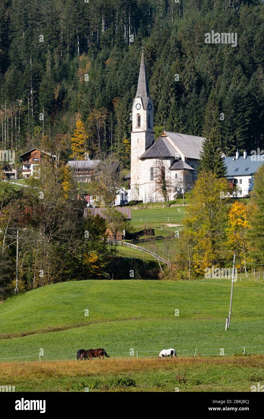 Peaceful Autumn Alps Mountain Countryside Sunny View Church On Gosau Village Outskirts Near Forest Austria Stock Photo Alamy