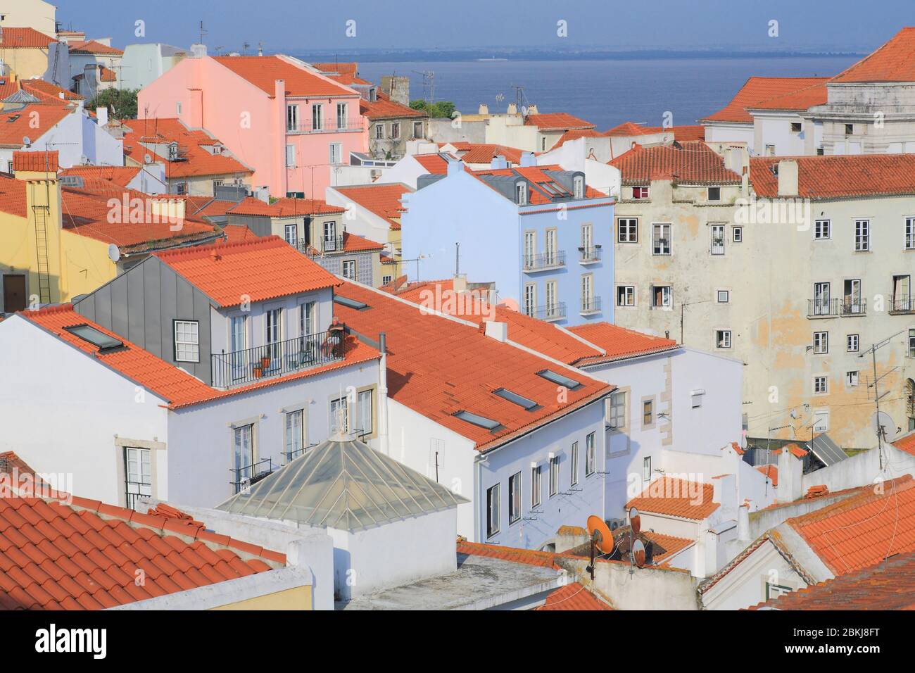 Portugal, Lisbon, Alfama, Miradouro das Portas do Sol, gazebo with view of the Alfama and the Tagus River in the background Stock Photo