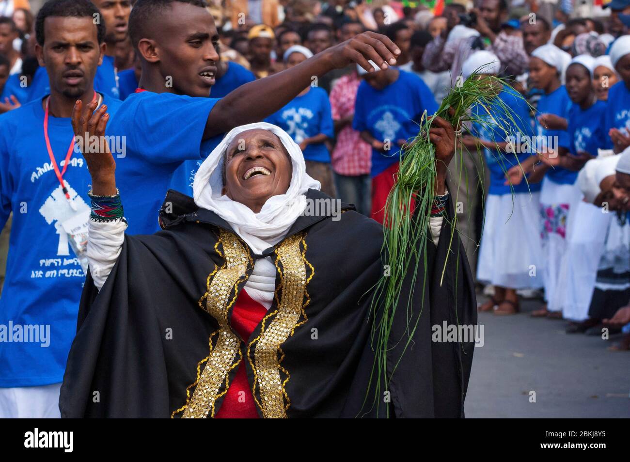 Ethiopia, Gondar, people jubilation during the procession marking the Timkat festival, or Epiphany, and the 200 th anniversary of the death of the Theodros king, ecstatic woman Stock Photo