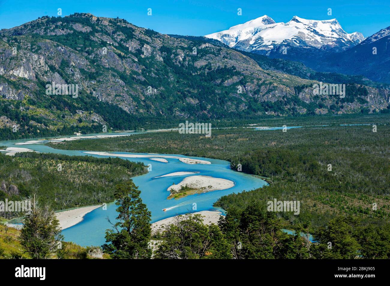 Chile, Patagonia, Aysen, Coyhaique, jetboat on the rio Leon, under the glaciers that come from the Patagonian Ice Fields North Stock Photo
