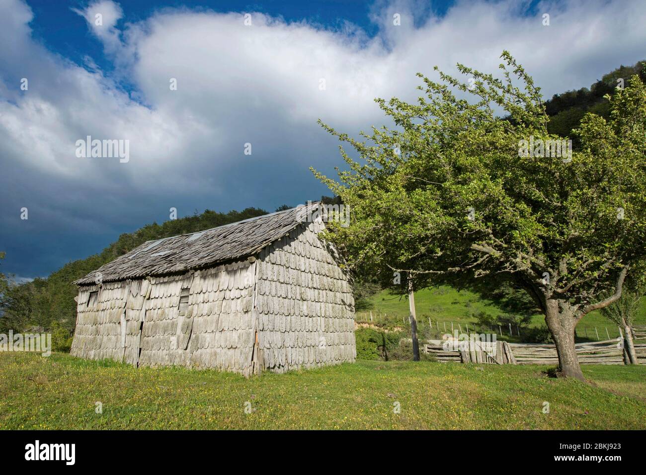 Chile, Patagonia, Aysen, Coyhaique, typical Aysen patagonian hut, in shingles Stock Photo