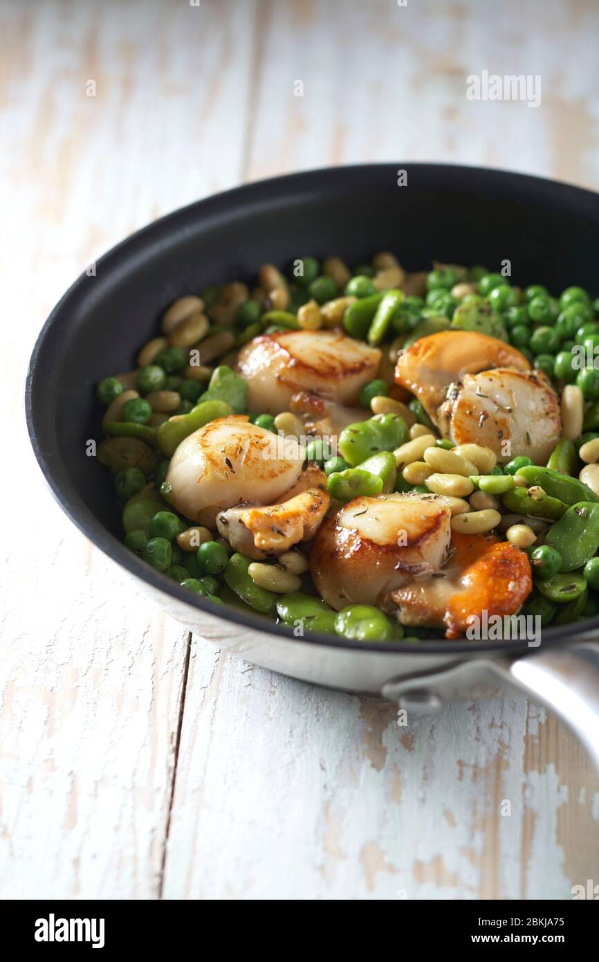 Fricassee scallop pea broad bean pea flageolet Stock Photo Alamy