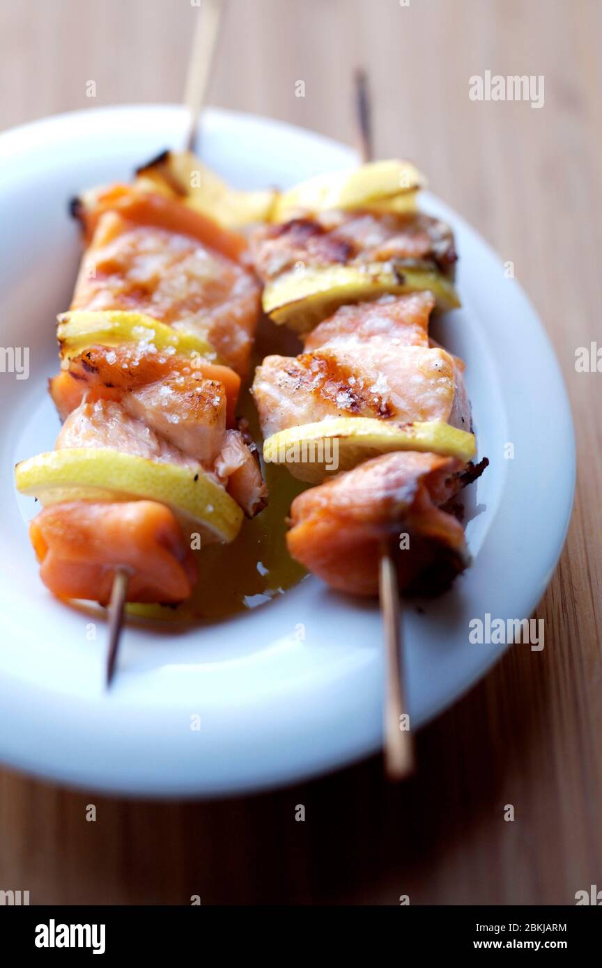 Salmon brochette appetizer Stock Photo