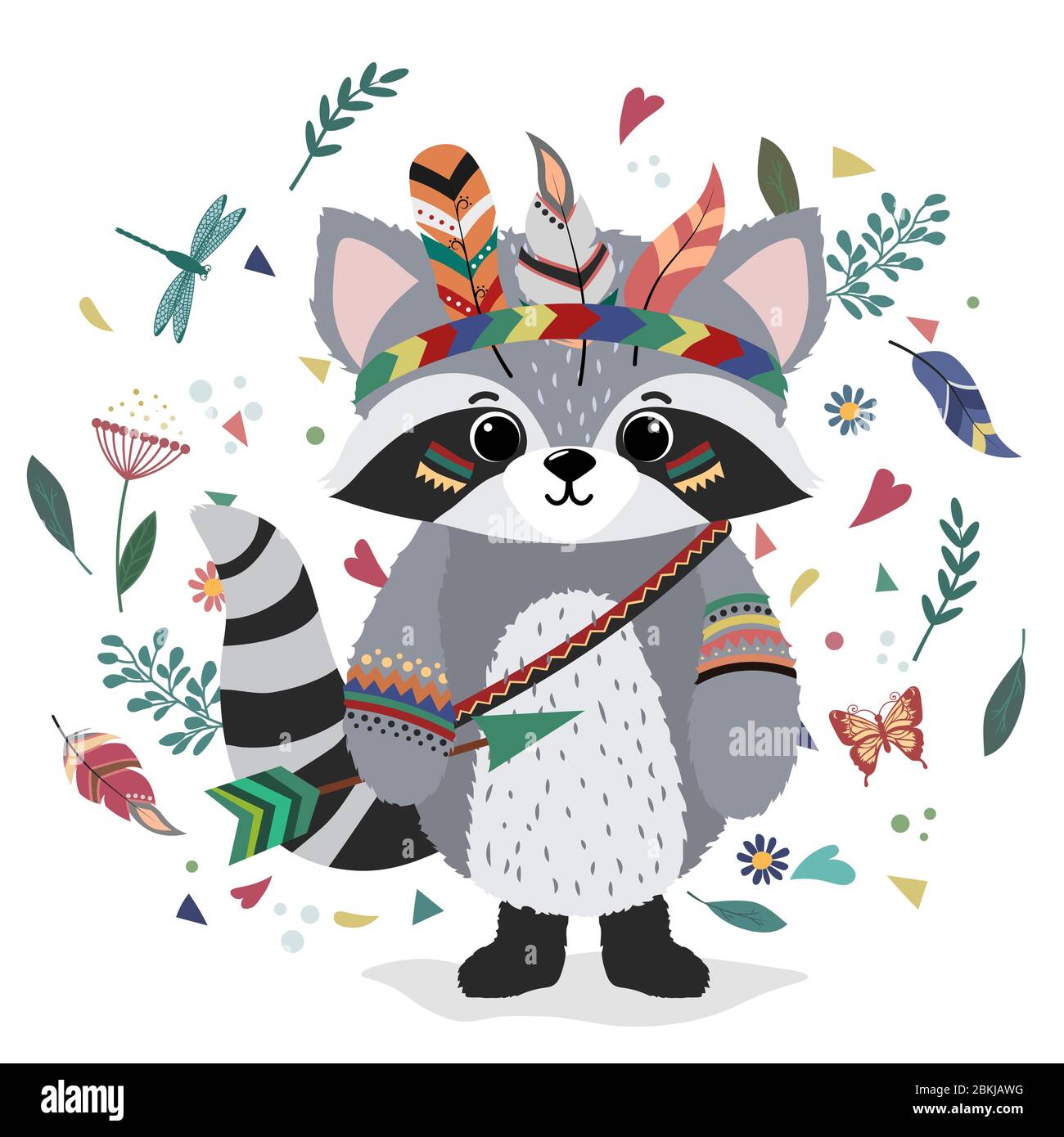 A raccoon in an Indian costume. Drawing for t-shirts. Print. Cap of feathers, dragonfly, leaves, heart. Stock Vector