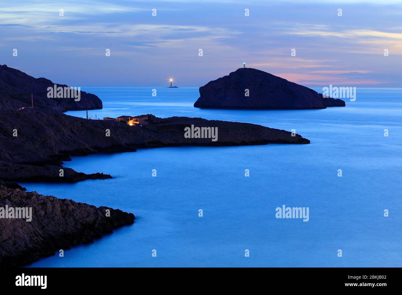 France, Bouches du Rhone, Calanques National Park, Marseille, 8th arrondissement, Goudes district, Cap Croisette and the bay of the Monkeys, Tiboulen de Maire island, Planier lighthouse in the background Stock Photo