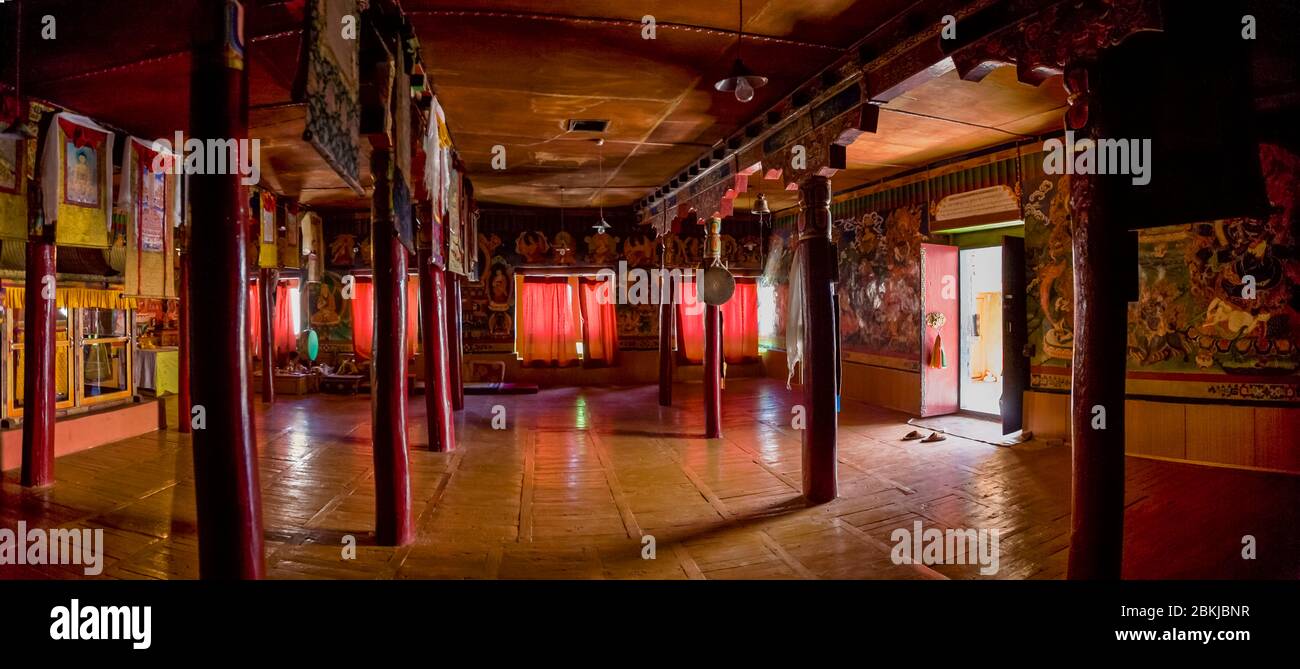 India, Jammu and Kashmir, Ladakh, Likir Gompa, Lhakhang temple with wooden columns, altitude 3700 meters Stock Photo