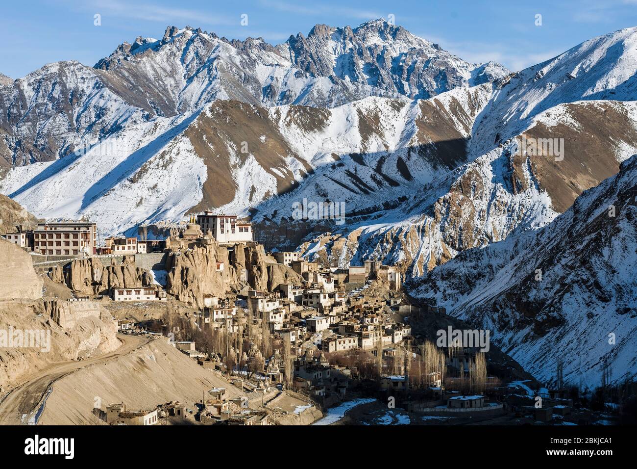 India, Jammu and Kashmir, Ladakh, Lamayuru Gompa, golden hour general view on the monastery dominating the village, altitude 3500 meters Stock Photo