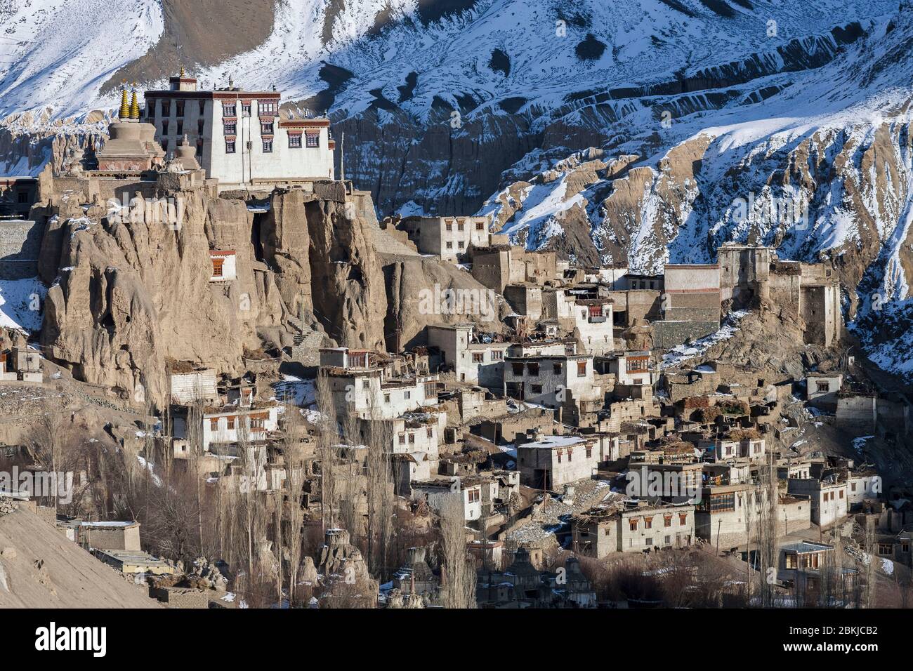 India, Jammu and Kashmir, Ladakh, Lamayuru Gompa, golden hour general view on the monastery dominating the village, altitude 3500 meters Stock Photo