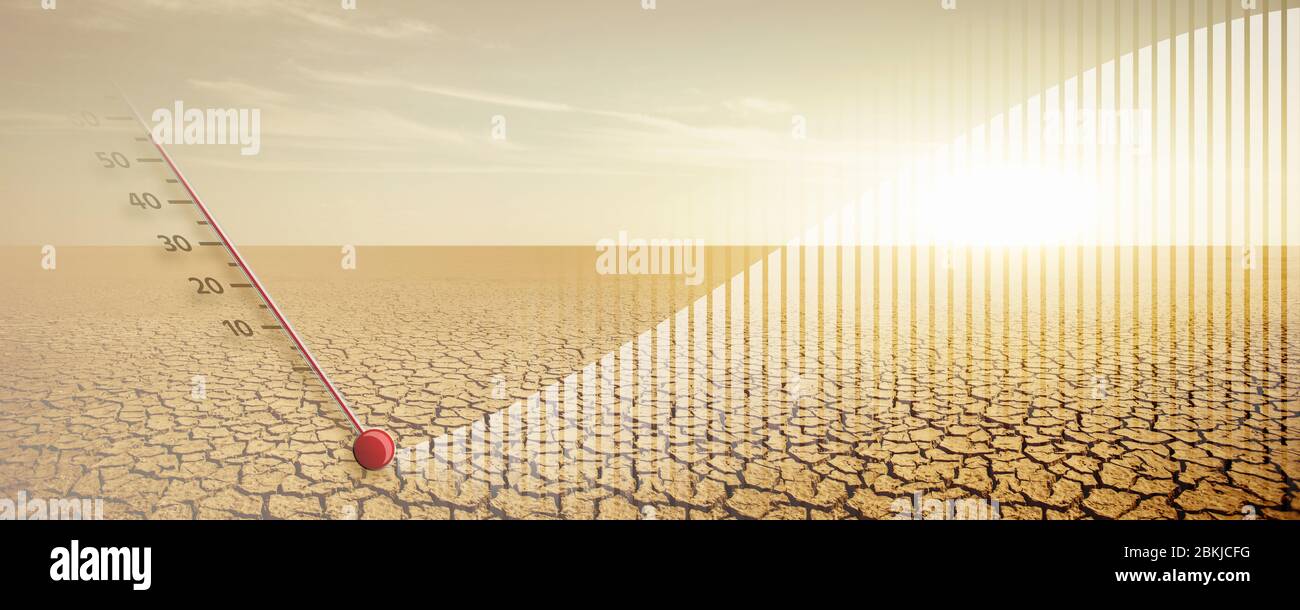 Thermometer shows high air temperature. Global warming concept Stock Photo