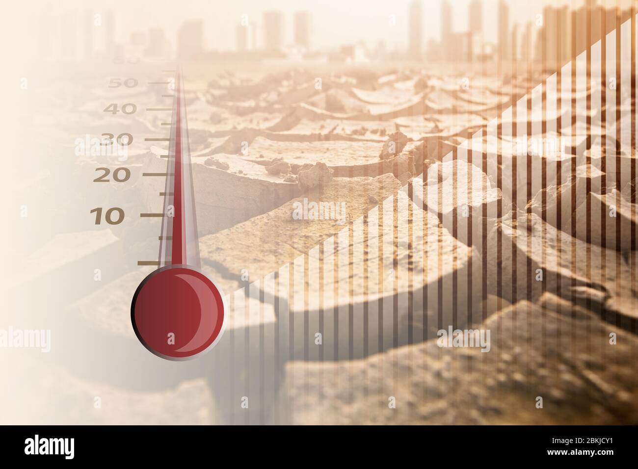 Thermometer shows high air temperature. Global warming concept Stock Photo